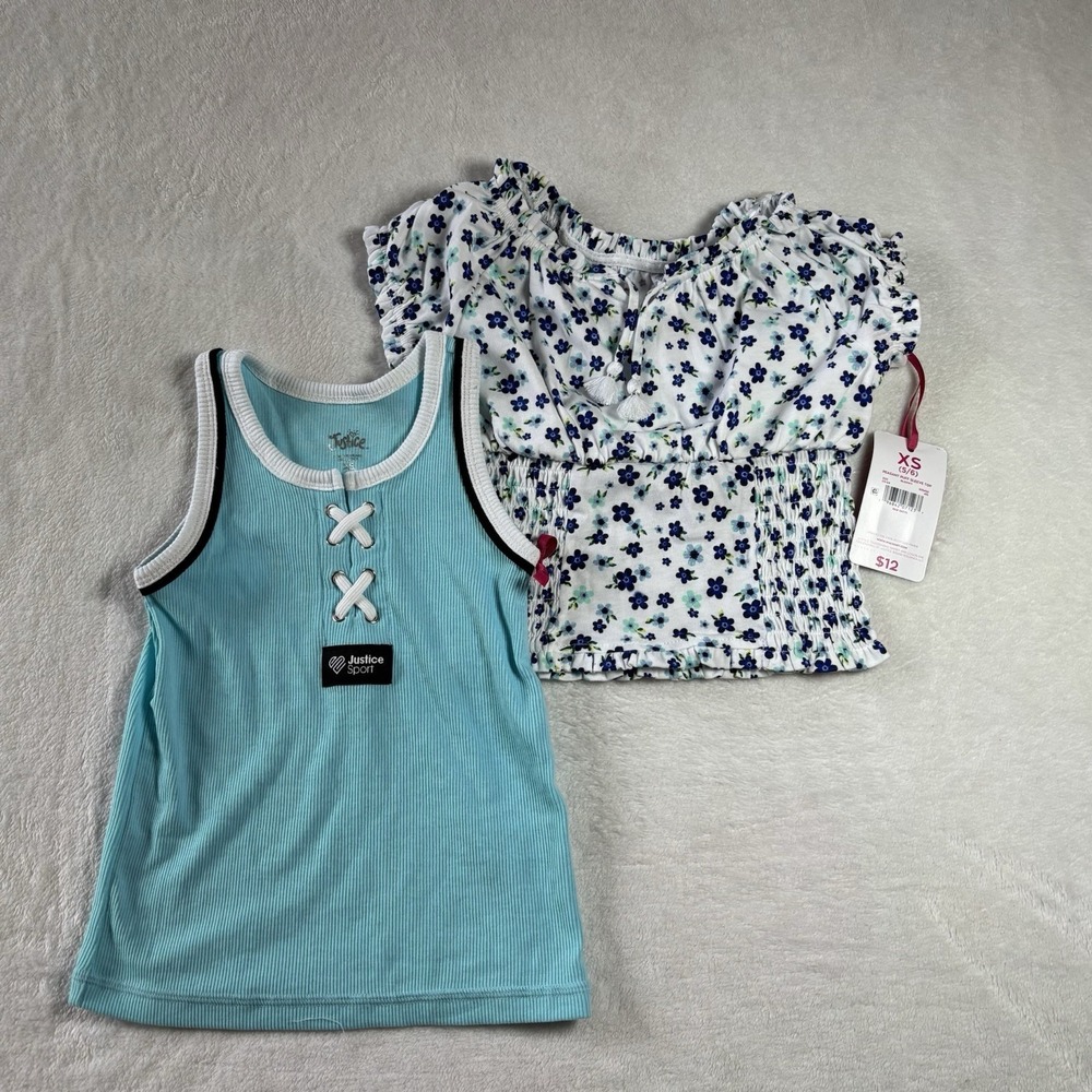 Justice Girls Lot of 2 Tops Size XS Lace Up Tank , Peasant Puff Sleeve